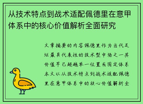 从技术特点到战术适配佩德里在意甲体系中的核心价值解析全面研究